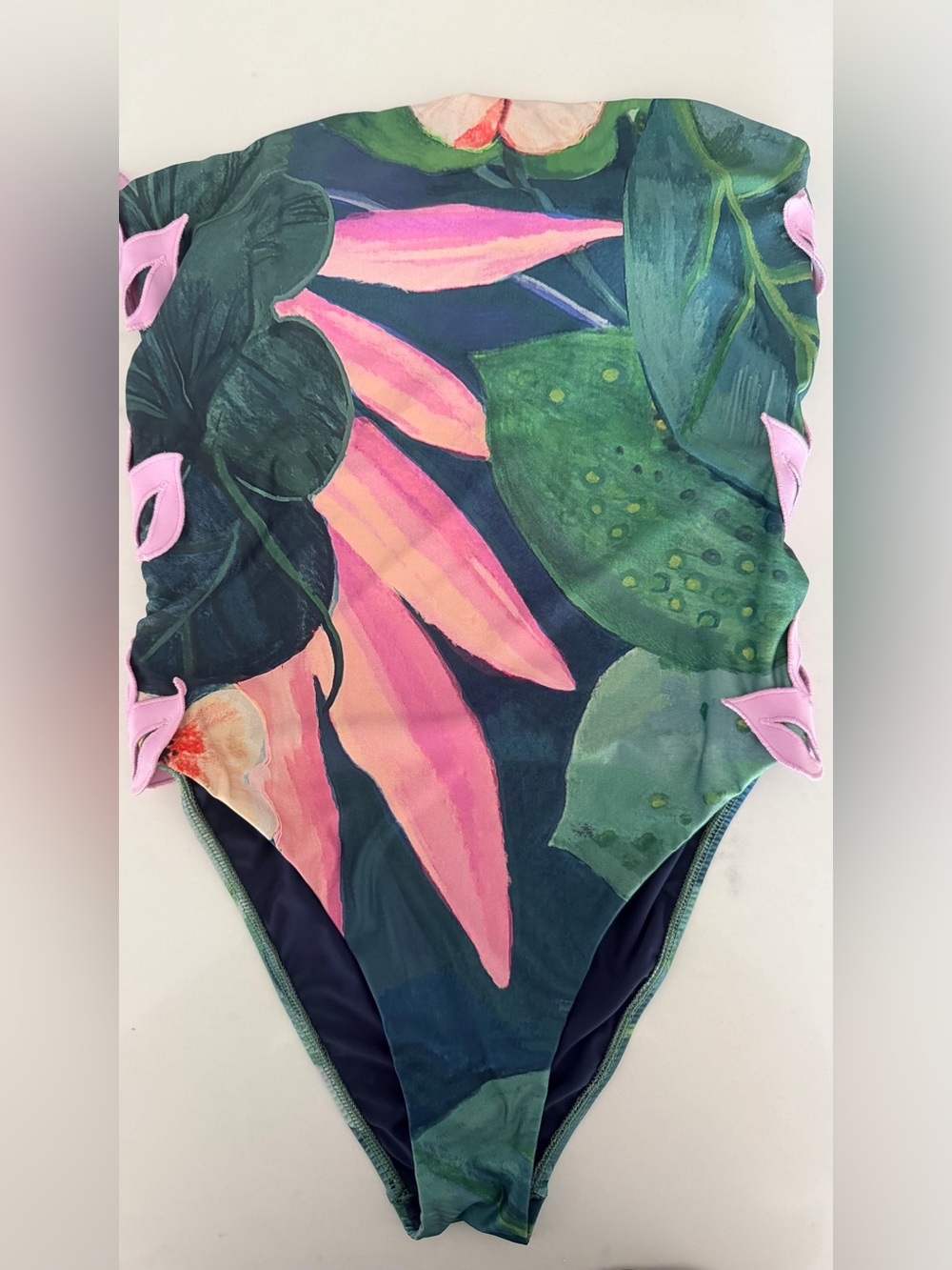 FARM RIO ANTHROPOLIGIE Floral Leaf One-Piece Swimsuit in Pink and Green